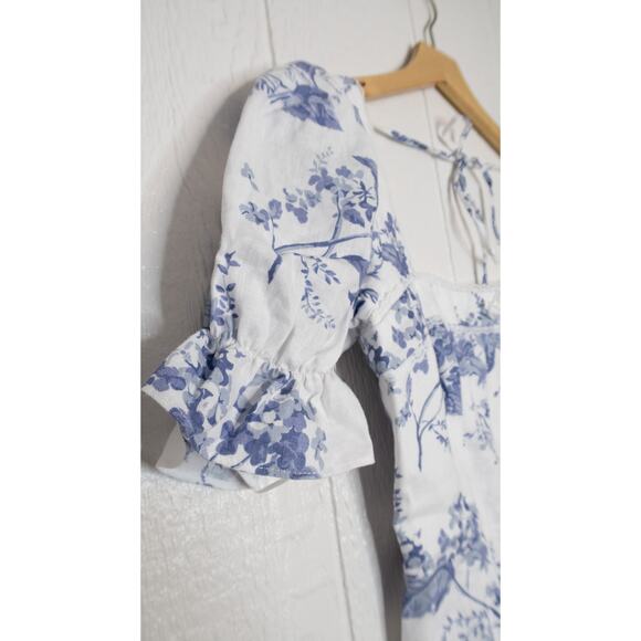 REFORMATION Evianna Linen Blue & White Toile Puff Sleeve Mini Dress US 10 NWT - Picture 10 of 14